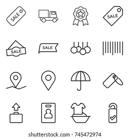 thin line icon set : sale, truck, medal, label, bar code, geo pin, dry cargo, baggage, identity card, handle washing, please clean