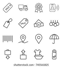 thin line icon set : sale, truck, medal, pass card, label, bar code, geo pin, dry cargo, baggage get, handle washing, please clean