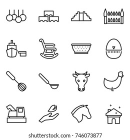 thin line icon set : sale, block wall, pyramid, gothic architecture, port, rocking chair, colander, egg timer, whisk, ladle, cow, chicken, harvester, hand leaf, horse, house cleaning