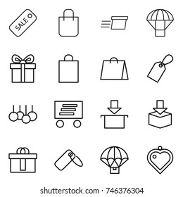 thin line icon set : sale, shopping bag, delivery, parachute, gift, label, package, hi quality, heart pendant