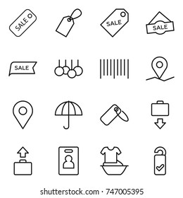 thin line icon set : sale, label, bar code, geo pin, dry cargo, baggage get, identity card, handle washing, please clean