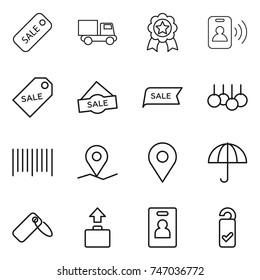 thin line icon set : sale, truck, medal, pass card, label, bar code, geo pin, dry cargo, baggage, identity, please clean