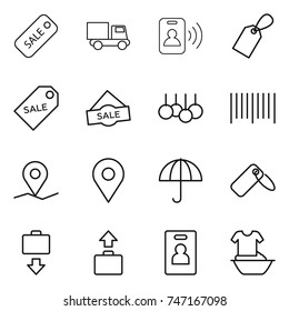 thin line icon set : sale, truck, pass card, label, bar code, geo pin, dry cargo, baggage get, identity, handle washing