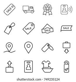 thin line icon set : sale, truck, medal, pass card, label, geo pin, baggage get, identity, handle washing, please clean