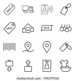 thin line icon set : sale, truck, pass card, label, bar code, geo pin, baggage get, identity, handle washing