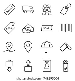 thin line icon set : sale, truck, medal, label, bar code, geo pin, dry cargo, baggage get, identity card, please clean