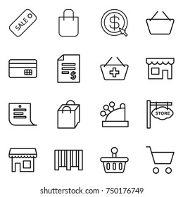 thin line icon set : sale, shopping bag, dollar arrow, basket, credit card, account balance, add to, shop, list, cashbox, store signboard, bar code, cart