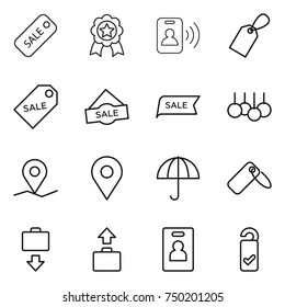 thin line icon set : sale, medal, pass card, label, geo pin, dry cargo, baggage get, identity, please clean