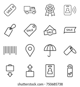 thin line icon set : sale, truck, medal, pass card, label, bar code, geo pin, dry cargo, baggage get, identity, please clean
