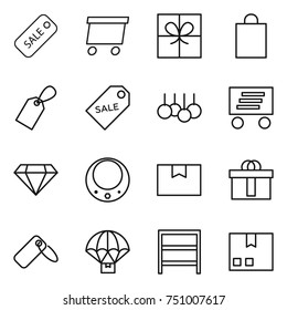 thin line icon set : sale, delivery, gift, shopping bag, label, diamond, necklace, package box, hi quality, parachute, rack