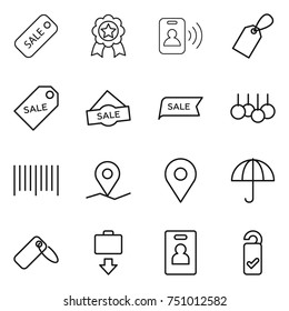 thin line icon set : sale, medal, pass card, label, bar code, geo pin, dry cargo, baggage get, identity, please clean