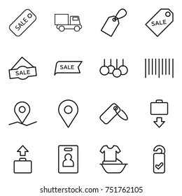 thin line icon set : sale, truck, label, bar code, geo pin, baggage get, identity card, handle washing, please clean