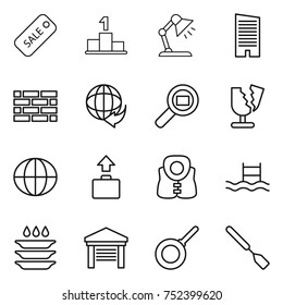 thin line icon set : sale, pedestal, table lamp, skyscraper, brick wall, delivery, cargo search, broken, globe, baggage, life vest, pool, plate washing, garage, pan, spatula