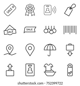 thin line icon set : sale, medal, pass card, label, bar code, geo pin, dry cargo, baggage get, identity, handle washing, please clean