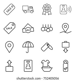 thin line icon set : sale, truck, medal, pass card, label, geo pin, dry cargo, baggage get, identity, handle washing, please clean