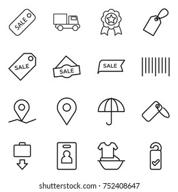 thin line icon set : sale, truck, medal, label, bar code, geo pin, dry cargo, baggage get, identity card, handle washing, please clean