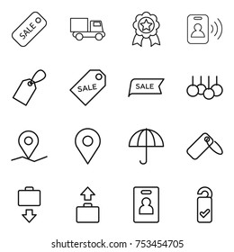 thin line icon set : sale, truck, medal, pass card, label, geo pin, dry cargo, baggage get, identity, please clean