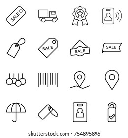 thin line icon set : sale, truck, medal, pass card, label, bar code, geo pin, dry cargo, identity, please clean