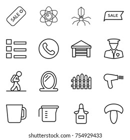 thin line icon set : sale, atom, virus, list, phone, garage, security man, tourist, mirror, fence, hair dryer, cup, measuring, apron, mushroom