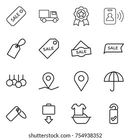 thin line icon set : sale, truck, medal, pass card, label, geo pin, dry cargo, baggage get, handle washing, please clean