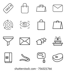 Thin line icon set : sale, shopping bag, mail, around gear, eye identity, funnel, houses, fountain, fridge, walnut crack, mixer, steake