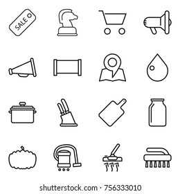 Thin line icon set : sale, chess horse, cart, megafon, loudspeaker, fence, map, drop, pan, knife holder, cutting board, bank, pumpkin, vacuum cleaner, brush