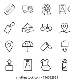 Thin line icon set : sale, truck, medal, pass card, label, geo pin, dry cargo, baggage get, identity, handle washing, please clean
