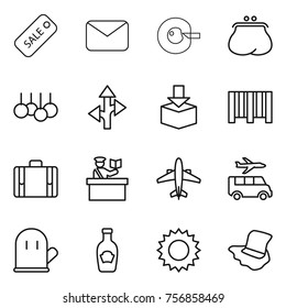 Thin line icon set : sale, mail, cell corection, purse, route, package, bar code, suitcase, inspector, airplane, transfer, cook glove, ketchup, sun, floor washing