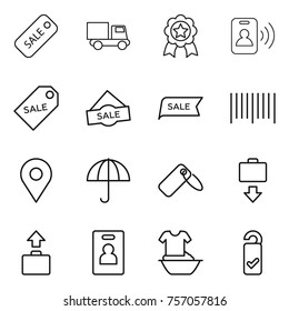 Thin line icon set : sale, truck, medal, pass card, label, bar code, geo pin, dry cargo, baggage get, identity, handle washing, please clean