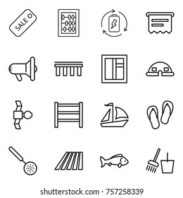 Thin line icon set : sale, abacus, battery charge, atm receipt, megafon, bridge, window, dome house, satellite, rack, sail boat, flip flops, skimmer, field, fish, bucket and broom