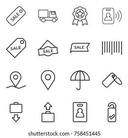 Thin line icon set : sale, truck, medal, pass card, label, bar code, geo pin, dry cargo, baggage get, identity, please clean