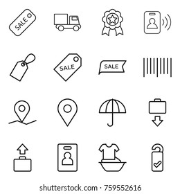 Thin line icon set : sale, truck, medal, pass card, label, bar code, geo pin, dry cargo, baggage get, identity, handle washing, please clean