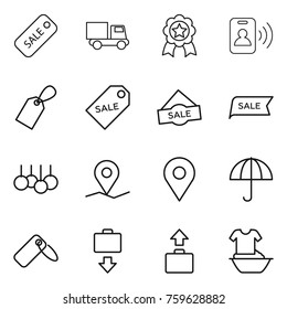 Thin line icon set : sale, truck, medal, pass card, label, geo pin, dry cargo, baggage get, handle washing