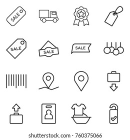 Thin line icon set : sale, truck, medal, label, bar code, geo pin, baggage get, identity card, handle washing, please clean