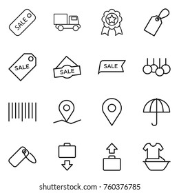 Thin line icon set : sale, truck, medal, label, bar code, geo pin, dry cargo, baggage get, handle washing