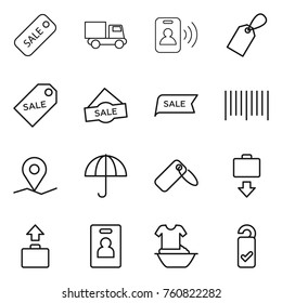 Thin line icon set : sale, truck, pass card, label, bar code, geo pin, dry cargo, baggage get, identity, handle washing, please clean