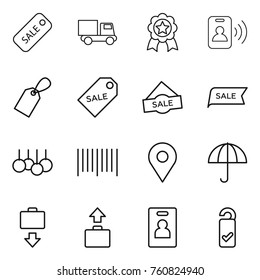 Thin line icon set : sale, truck, medal, pass card, label, bar code, geo pin, dry cargo, baggage get, identity, please clean