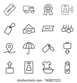 Thin line icon set : sale, truck, medal, pass card, label, geo pin, dry cargo, baggage get, identity, handle washing, please clean