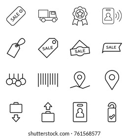 Thin line icon set : sale, truck, medal, pass card, label, bar code, geo pin, baggage get, identity, please clean