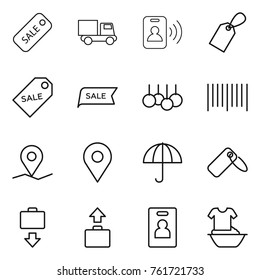 Thin line icon set : sale, truck, pass card, label, bar code, geo pin, dry cargo, baggage get, identity, handle washing