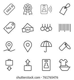 Thin line icon set : sale, medal, pass card, label, bar code, geo pin, dry cargo, baggage get, identity, handle washing
