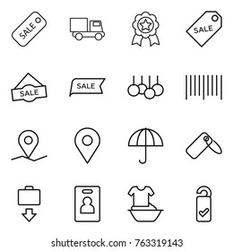 Thin line icon set : sale, truck, medal, label, bar code, geo pin, dry cargo, baggage get, identity card, handle washing, please clean