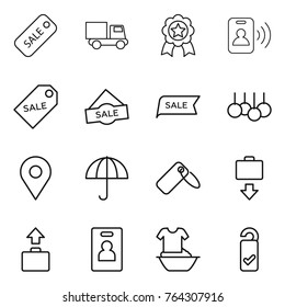 Thin line icon set : sale, truck, medal, pass card, label, geo pin, dry cargo, baggage get, identity, handle washing, please clean