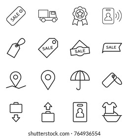 Thin line icon set : sale, truck, medal, pass card, label, geo pin, dry cargo, baggage get, identity, handle washing