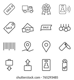 Thin line icon set : sale, truck, medal, pass card, label, bar code, geo pin, baggage get, identity, please clean