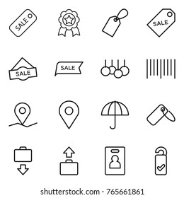 Thin line icon set : sale, medal, label, bar code, geo pin, dry cargo, baggage get, identity card, please clean