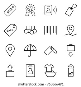 Thin line icon set : sale, medal, pass card, label, bar code, geo pin, dry cargo, baggage get, identity, handle washing, please clean