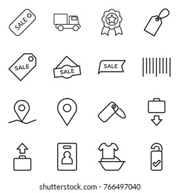 Thin line icon set : sale, truck, medal, label, bar code, geo pin, baggage get, identity card, handle washing, please clean