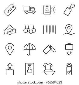 Thin line icon set : sale, truck, pass card, label, bar code, geo pin, dry cargo, baggage get, identity, handle washing, please clean
