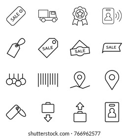 Thin line icon set : sale, truck, medal, pass card, label, bar code, geo pin, baggage get, identity